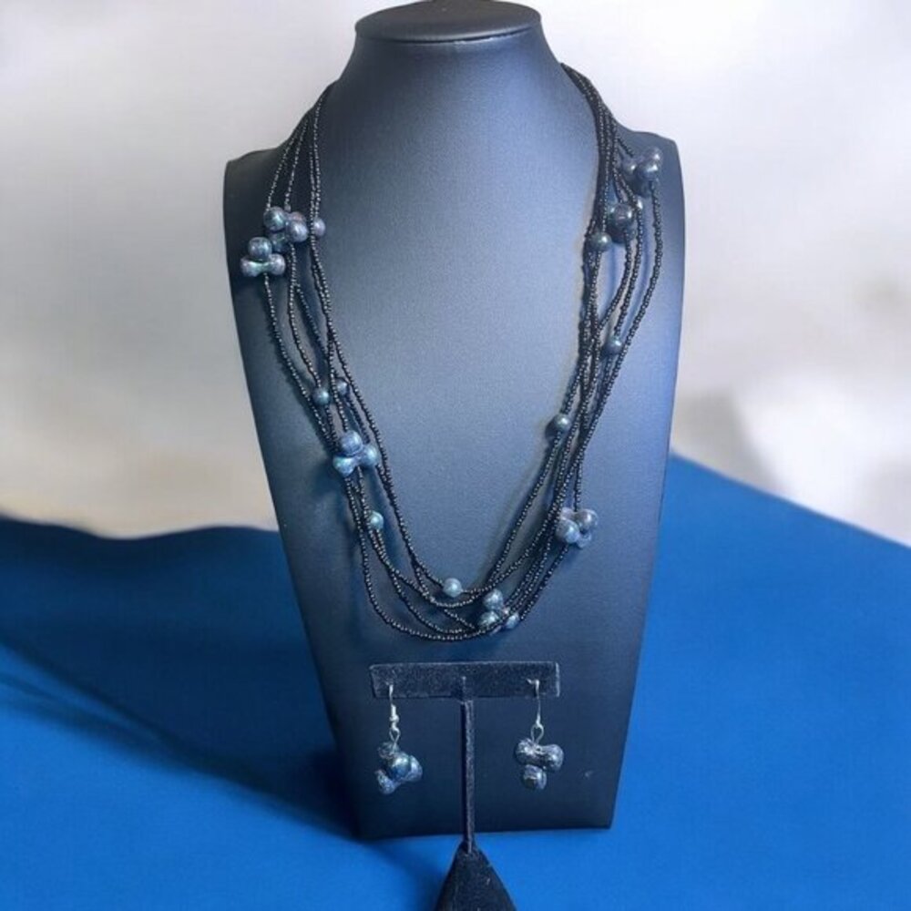 Handcrafted Iridescent Plastic Bead Earrings & Necklace Set‎ With Hook Closure